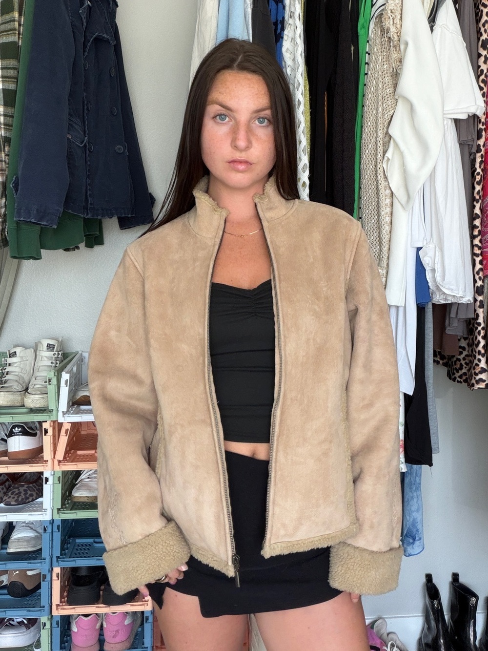 Charter Club Faux Suede Sherpa Lined Jacket Tan Embroidered Size L